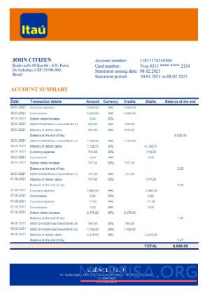 Downloadable Brazil Itau bank statement excel download for verification